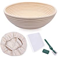 Cesta de Fermentación- Banneton Redondo 22cm de Ratán Natural- Cuenco para Masas con Tela de Lino- Raspador de Masa y…